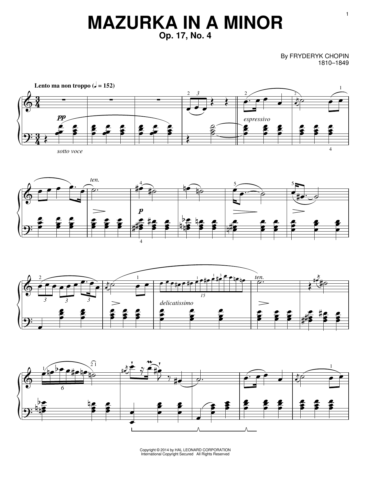Frederic Chopin Mazurka In A Minor, Op. 17, No. 4 sheet music, chords, lyrics - Printable PDF for Piano