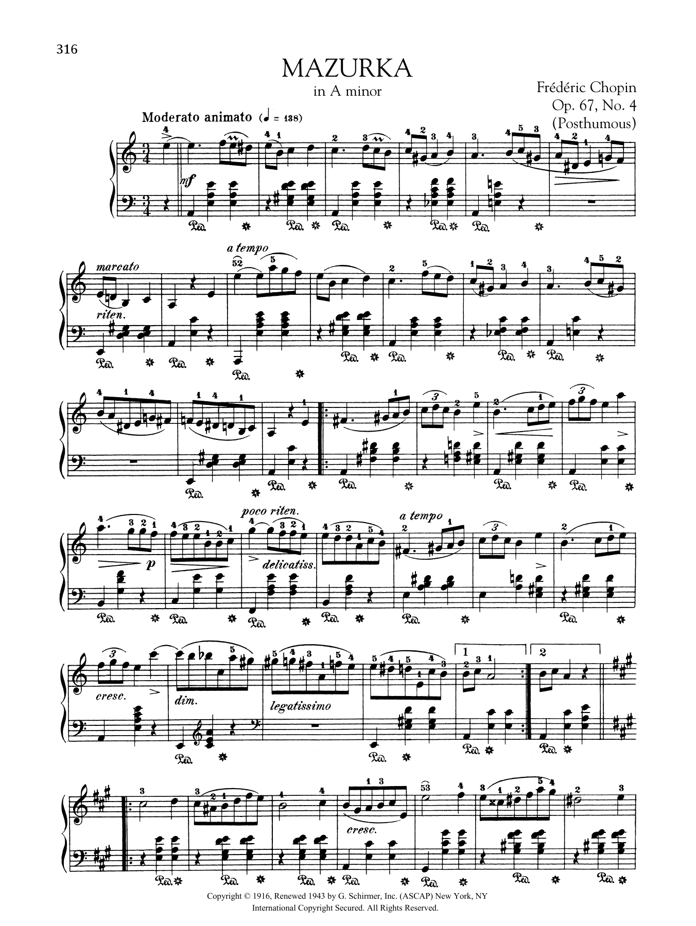 Frederic Chopin Mazurka in A minor, Op. 67, No. 4 (Posthumous) sheet music, chords, lyrics - Printable PDF for Piano Solo