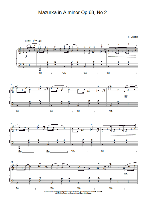 Frederic Chopin Mazurka in A minor Op.68, No.2 sheet music, chords, lyrics - Printable PDF for Piano