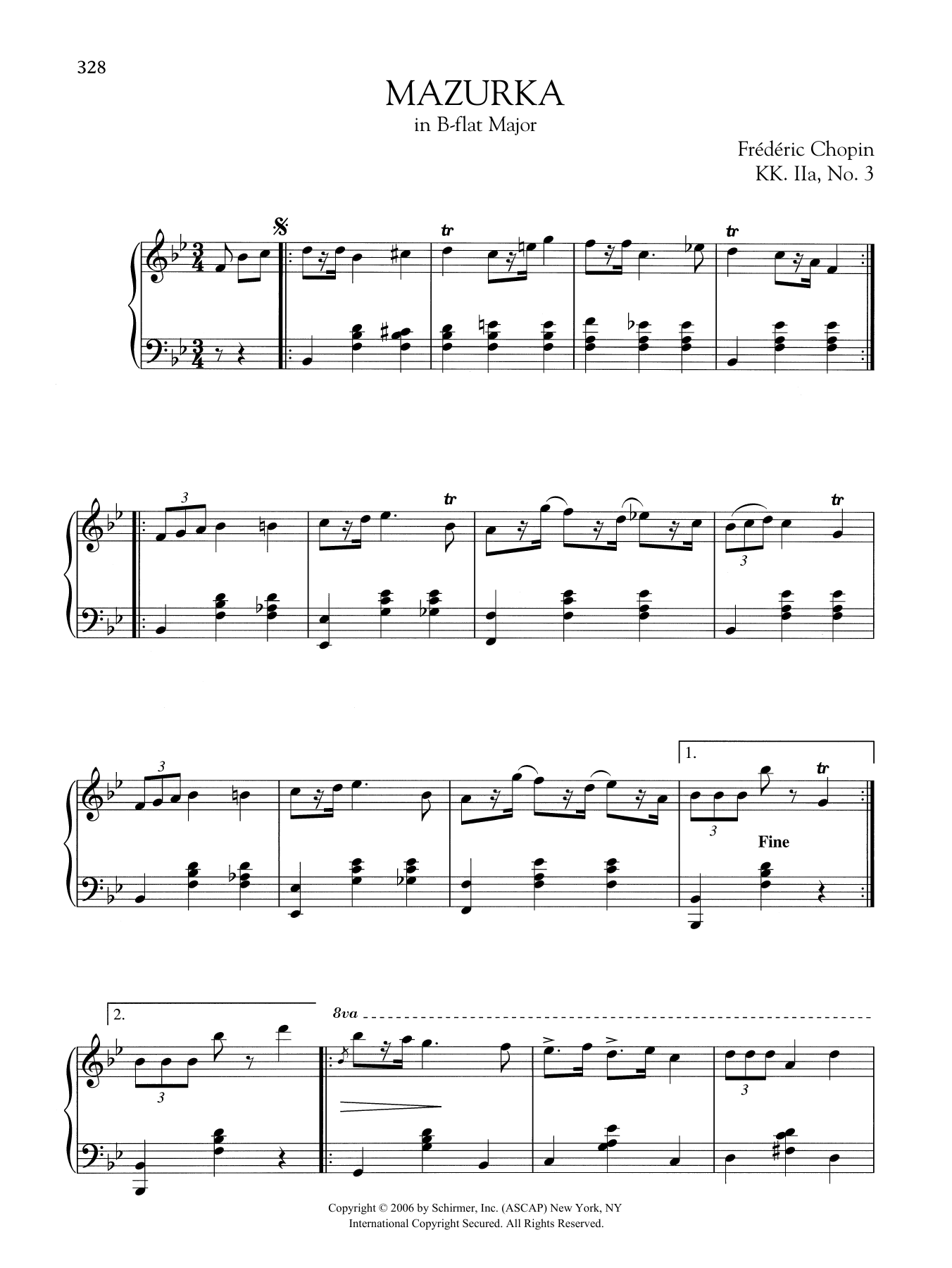 Frederic Chopin Mazurka in B-flat Major, KK. IIa, No. 3 sheet music, chords, lyrics - Printable PDF for Piano Solo
