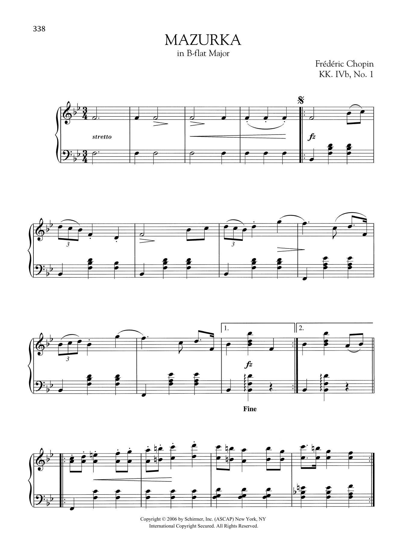 Frederic Chopin Mazurka in B-flat Major, KK. IVb, No. 1 sheet music, chords, lyrics - Printable PDF for Piano Solo