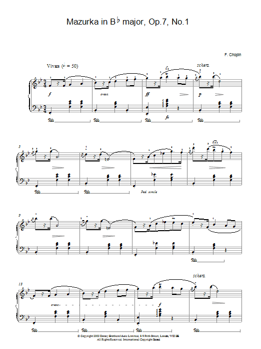 Frederic Chopin Mazurka in B Flat major Op.7 No.1 sheet music, chords, lyrics - Printable PDF for Piano