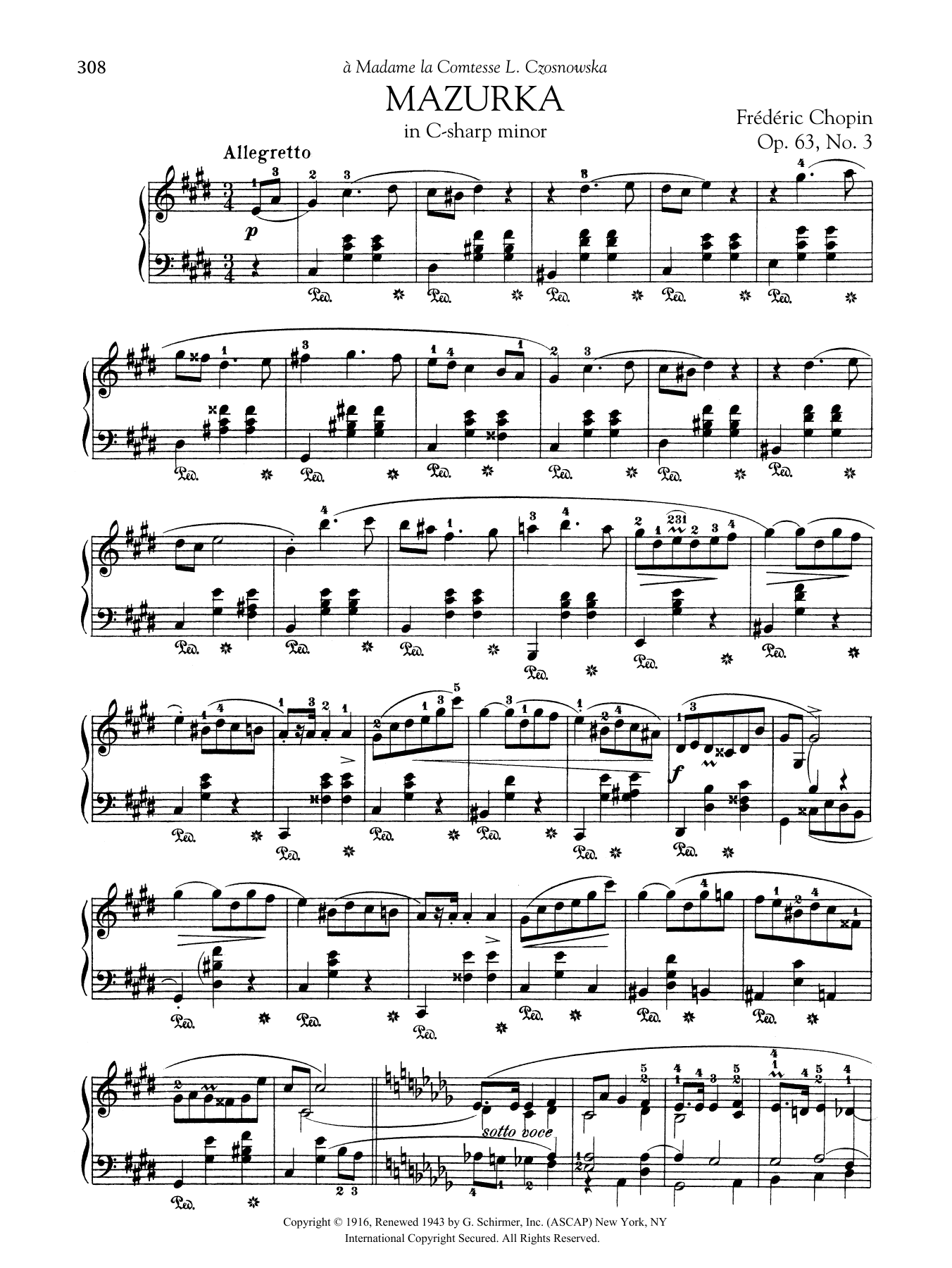 Frederic Chopin Mazurka In C-sharp minor, Op. 63, No. 3 sheet music, chords, lyrics - Printable PDF for Piano Solo
