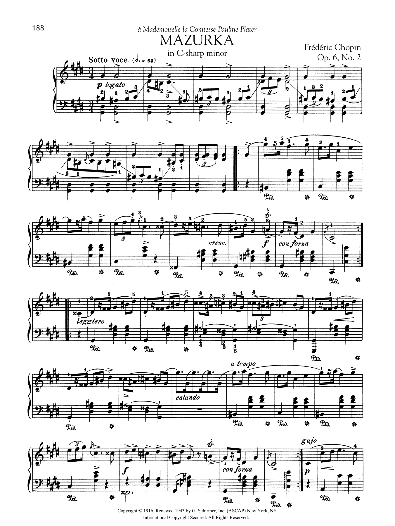 Frederic Chopin Mazurka in C-sharp minor, Op. 6, No. 2 sheet music, chords, lyrics - Printable PDF for Piano Solo