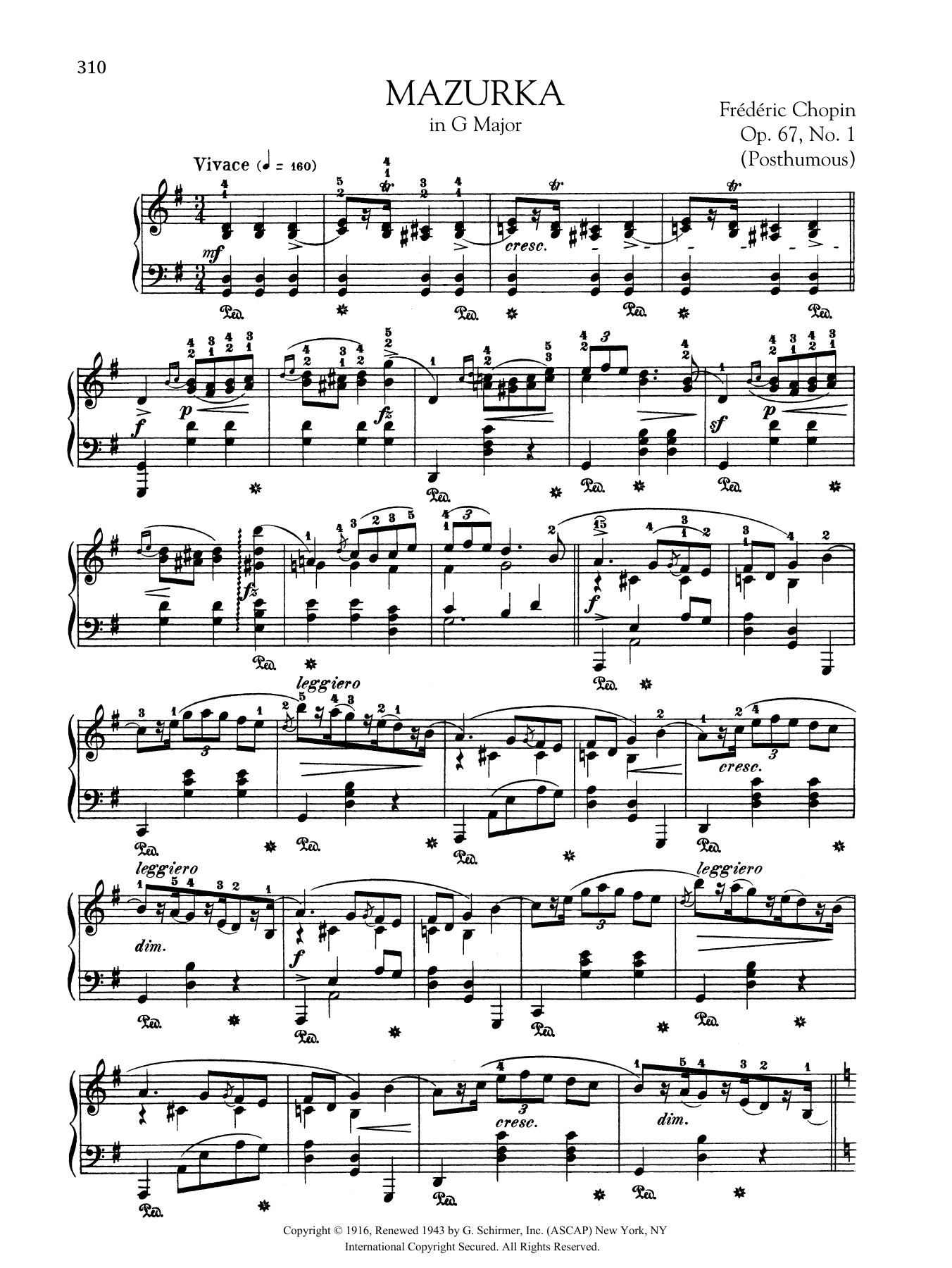 Frederic Chopin Mazurka in G Major, Op. 67, No. 1 (Posthumous) sheet music, chords, lyrics - Printable PDF for Piano Solo