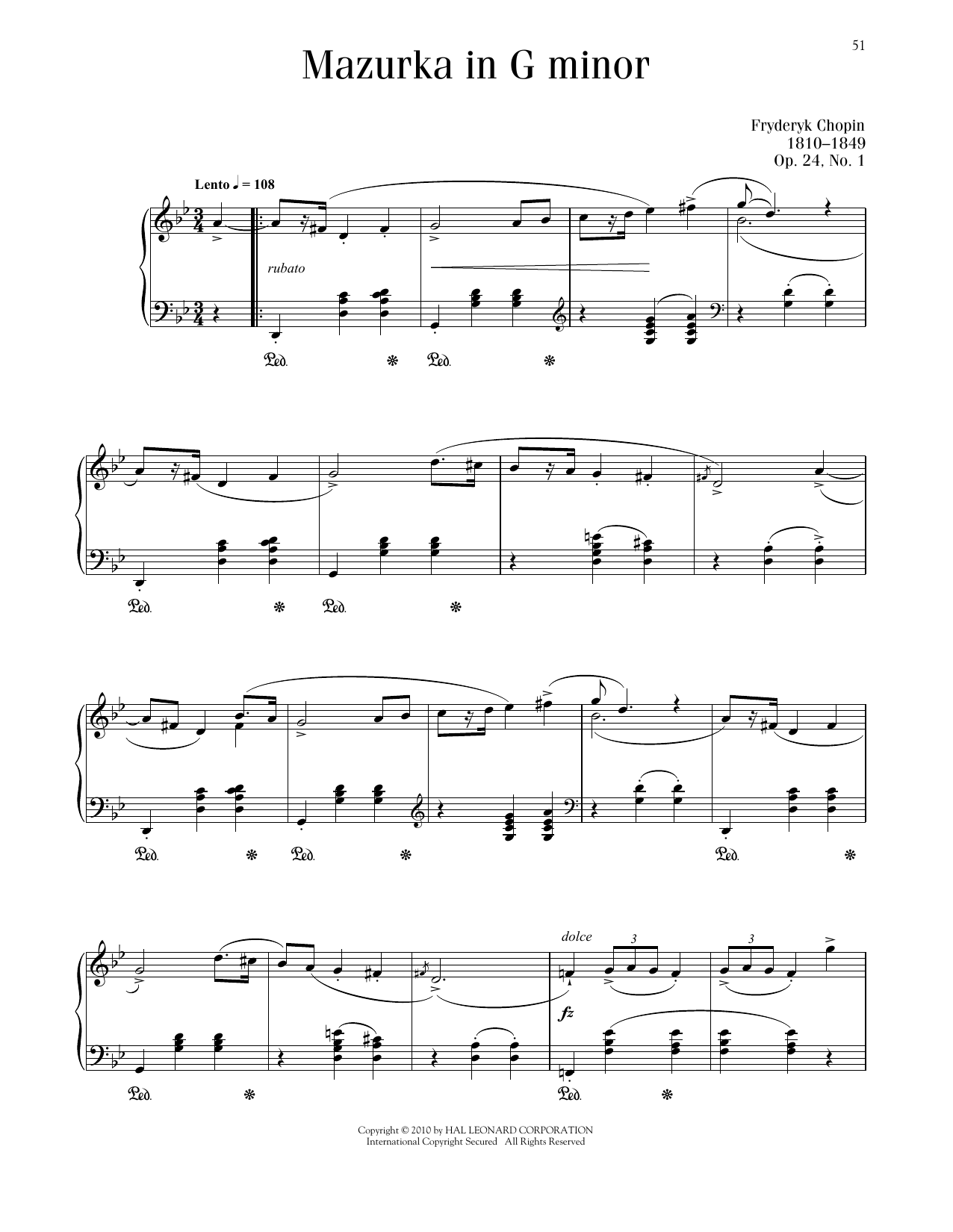 Frédéric Chopin Mazurka, Op. 24, No. 1 sheet music, chords, lyrics - Printable PDF for Piano Solo