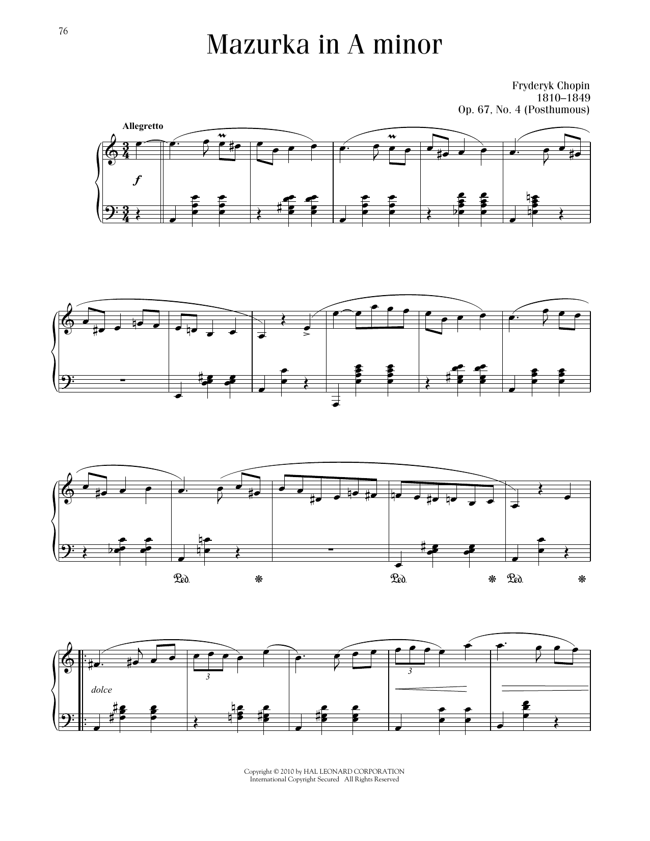 Frédéric Chopin Mazurka, Op. 67, No. 4 sheet music, chords, lyrics - Printable PDF for Piano Solo