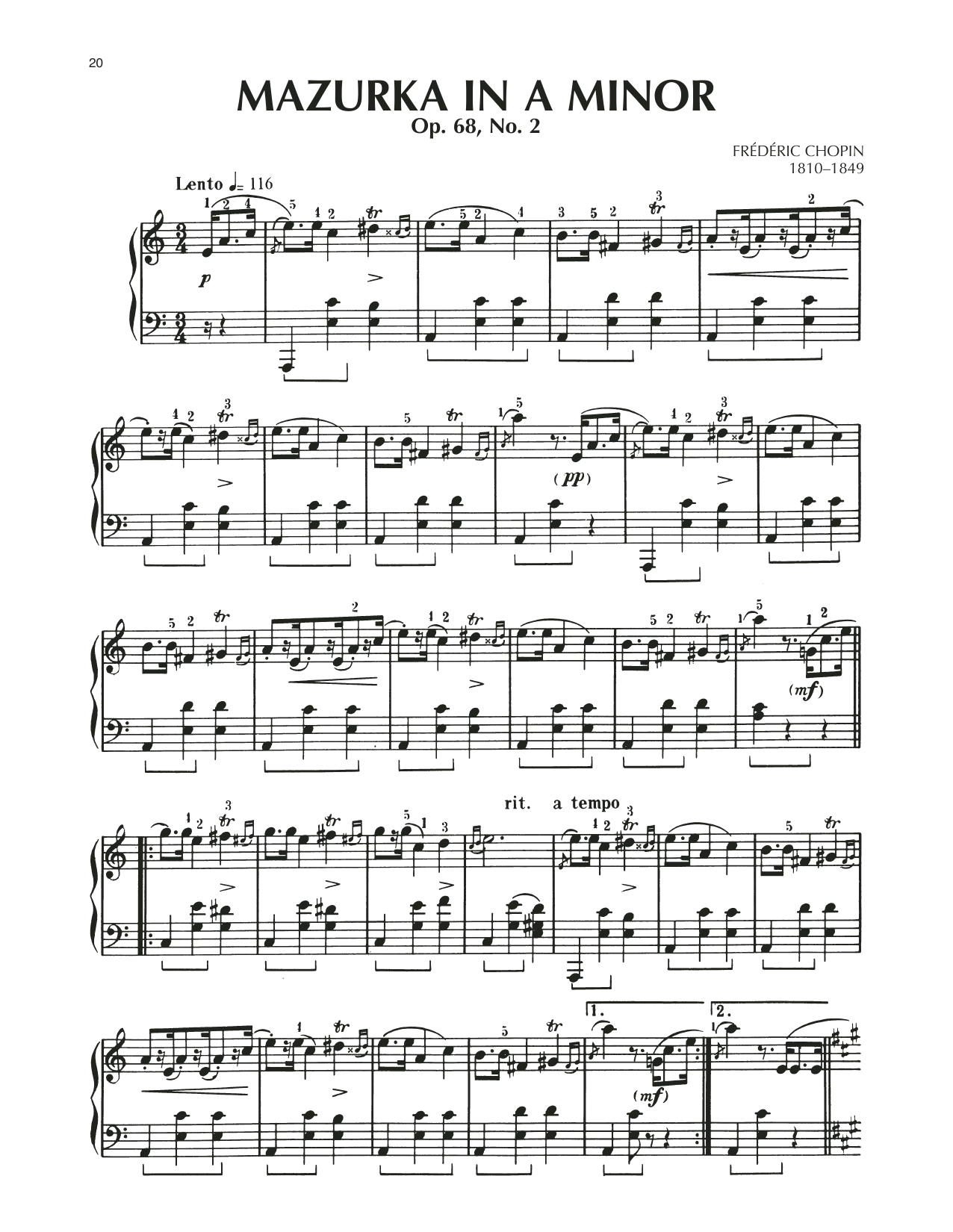 Frédéric Chopin Mazurka, Op. 68, No. 2 sheet music, chords, lyrics - Printable PDF for Piano Solo