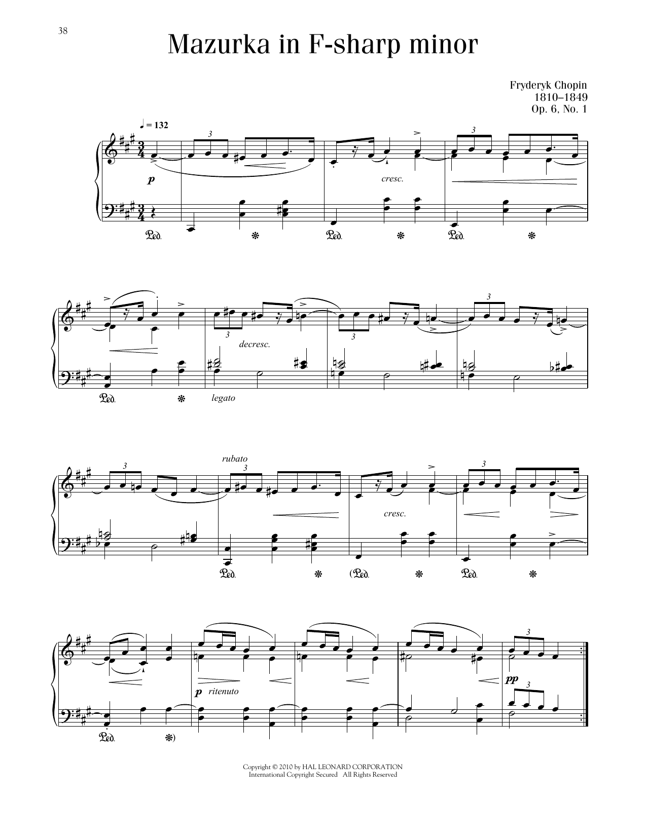 Frédéric Chopin Mazurka, Op. 6, No. 1 sheet music, chords, lyrics - Printable PDF for Piano Solo