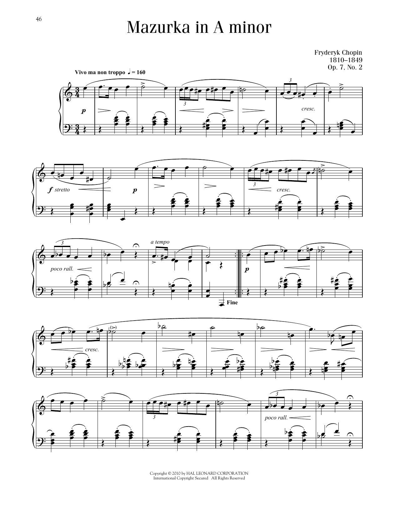 Frédéric Chopin Mazurka, Op. 7, No. 2 sheet music, chords, lyrics - Printable PDF for Piano Solo