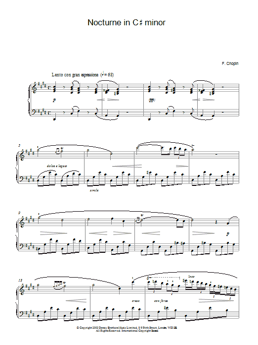 Frederic Chopin Nocturne in C# minor (1830) sheet music, chords, lyrics - Printable PDF for Piano