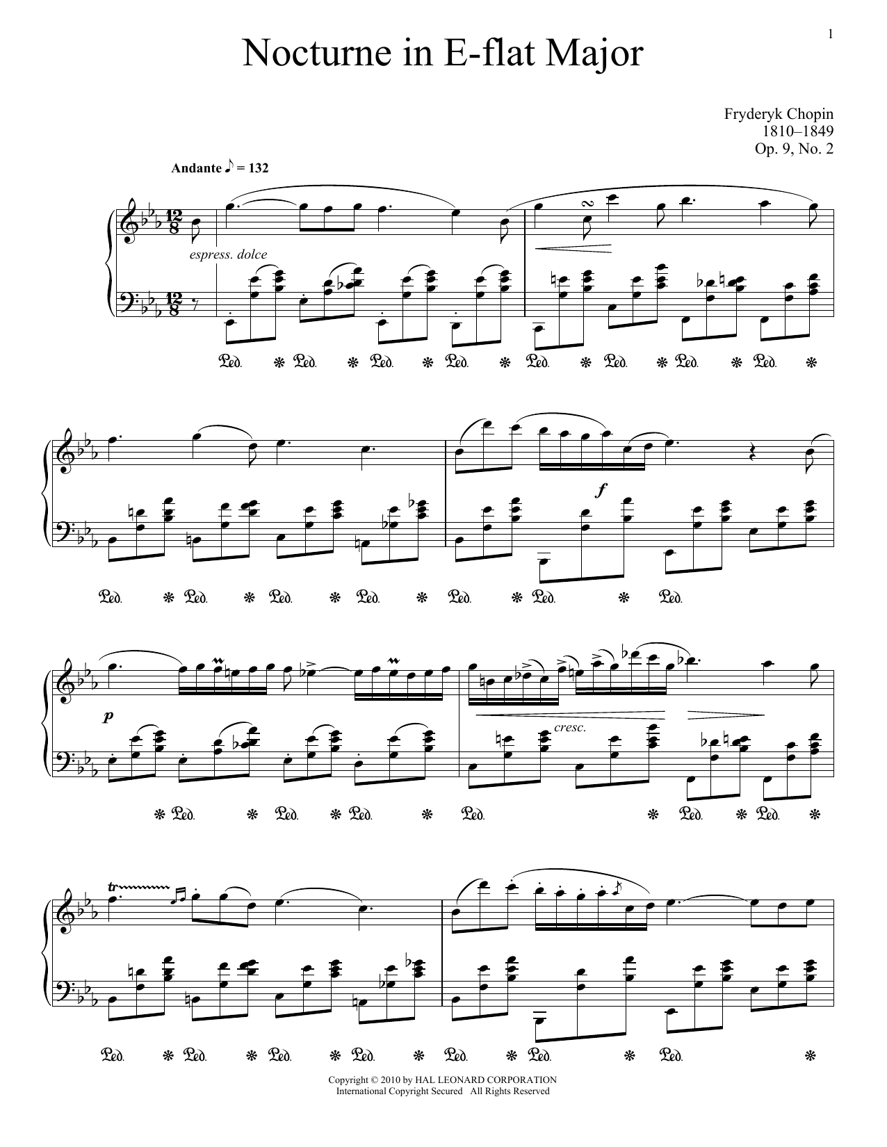 Frederic Chopin Nocturne In E-Flat Major, Op. 9, No. 2 sheet music, chords, lyrics - Printable PDF for Really Easy Piano