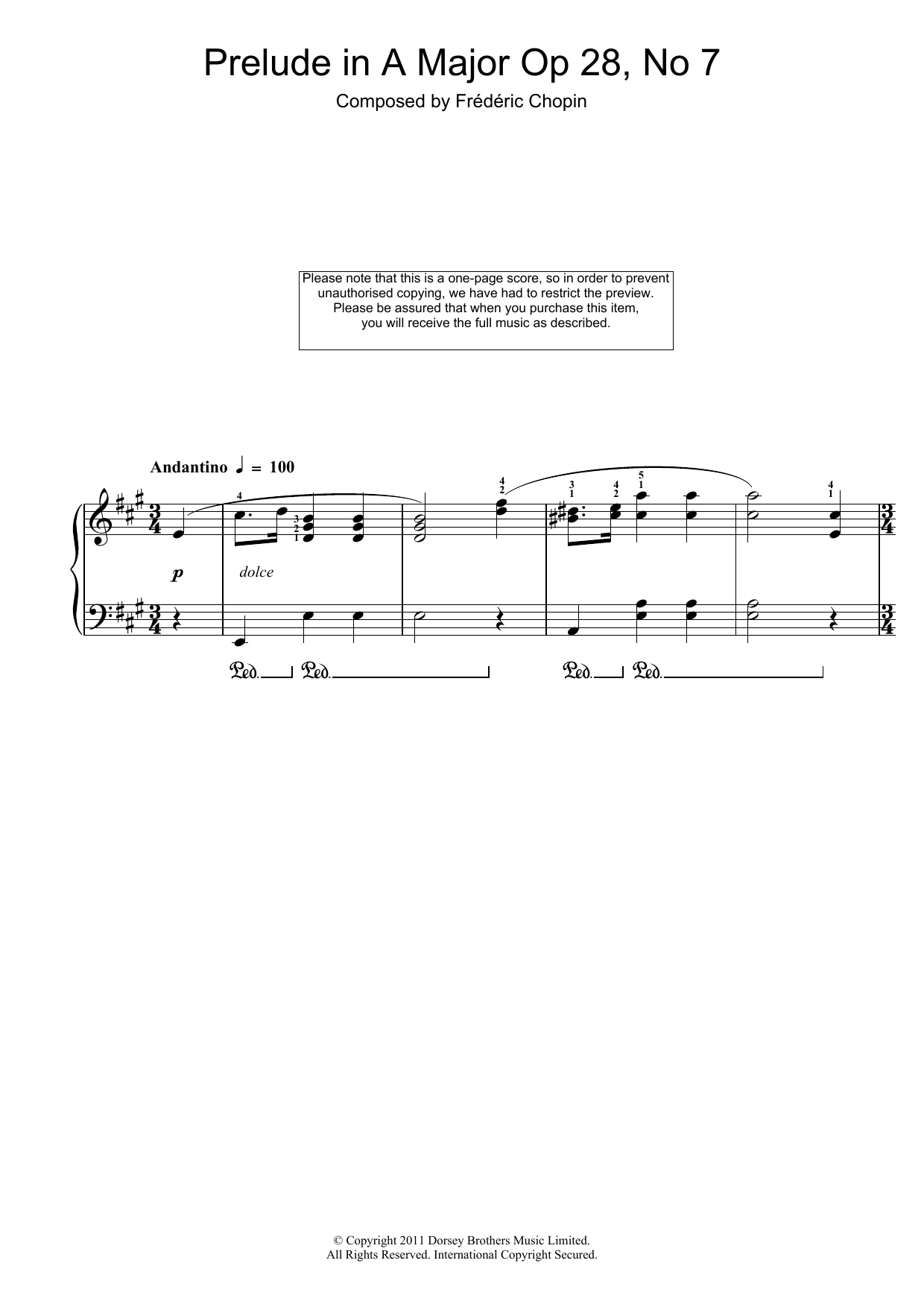 Frederic Chopin Prelude In A Major Op. 28 No. 7 sheet music, chords, lyrics - Printable PDF for Piano