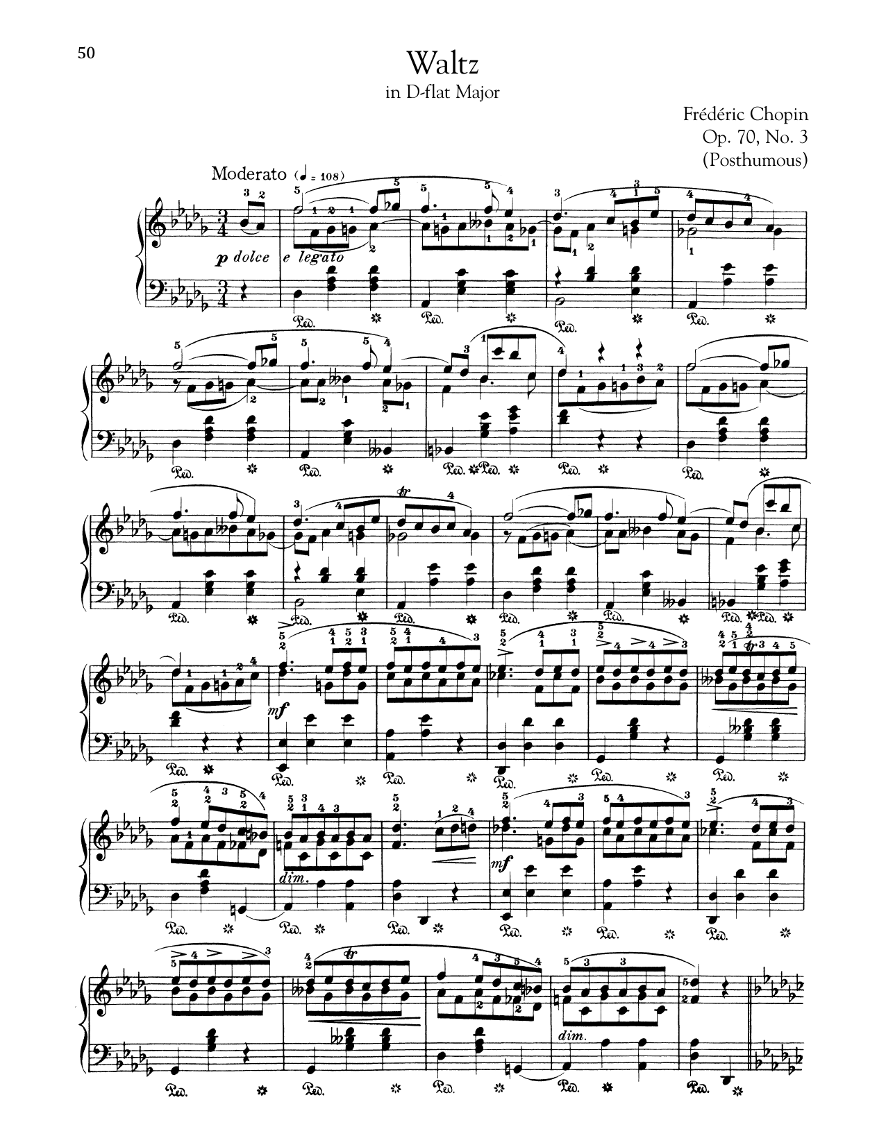 Frederic Chopin Waltz In D-Flat Major, Op. 70, No. 3 sheet music, chords, lyrics - Printable PDF for Piano