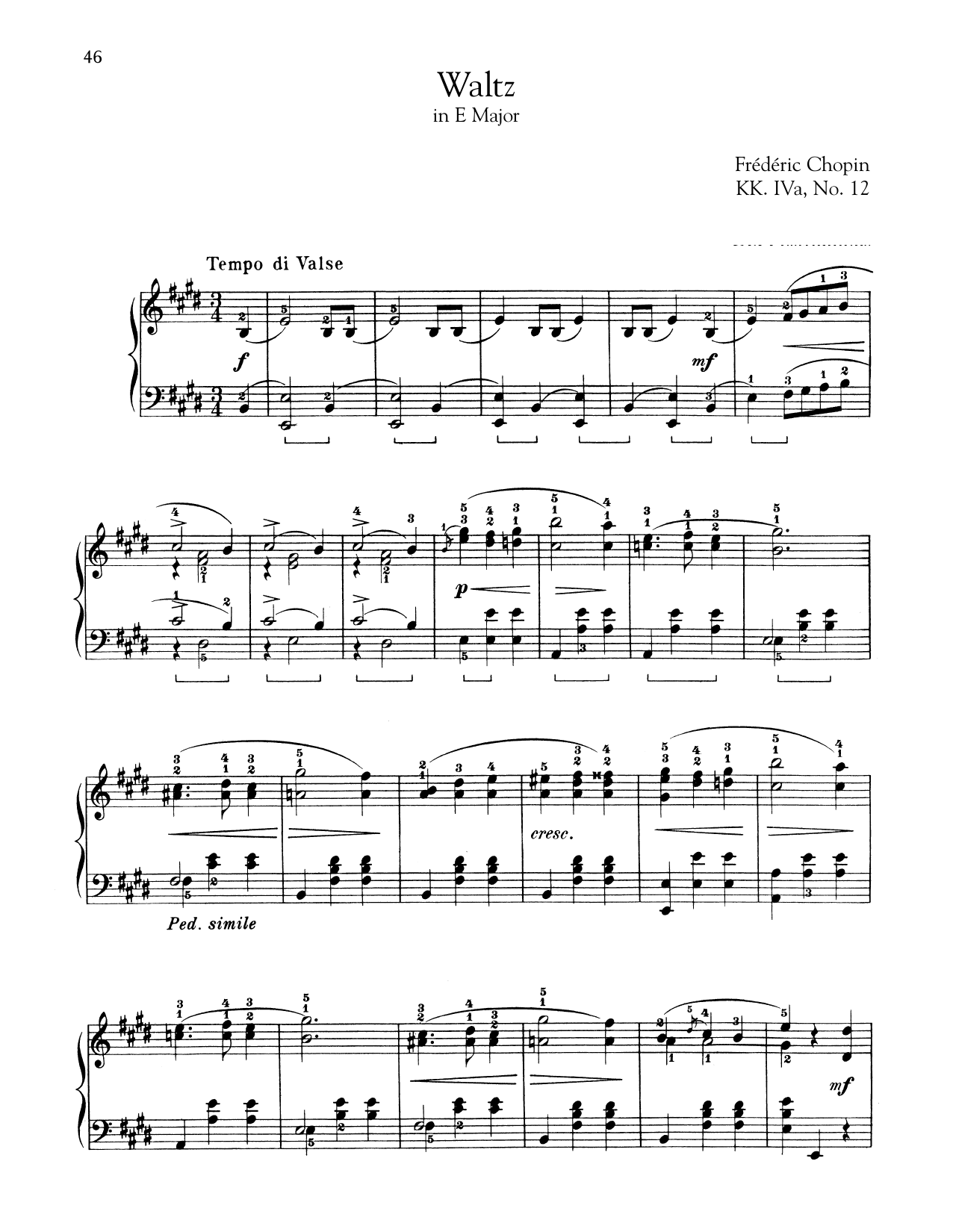 Frederic Chopin Waltz in E Major, KK. IVa, No. 12 sheet music, chords, lyrics - Printable PDF for Piano Solo