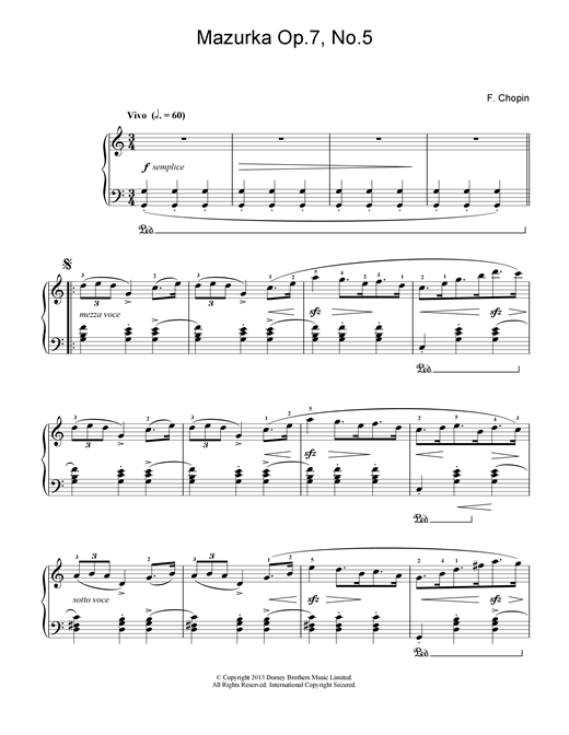 Learn to play Frederic Chopin Mazurka in C Major, Op. 7, No. 5 sheet music for Piano in minutes. Frederic Chopin Mazurka in C Major, Op. 7, No. 5 sheet music notes and chords