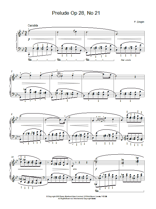Learn to play Frederic Chopin Prelude in B Flat Major, Op.28, No.21 sheet music for Piano in minutes. Frederic Chopin Prelude in B Flat Major, Op.28, No.21 sheet music preview music notes and score for Piano including 3 page(s)