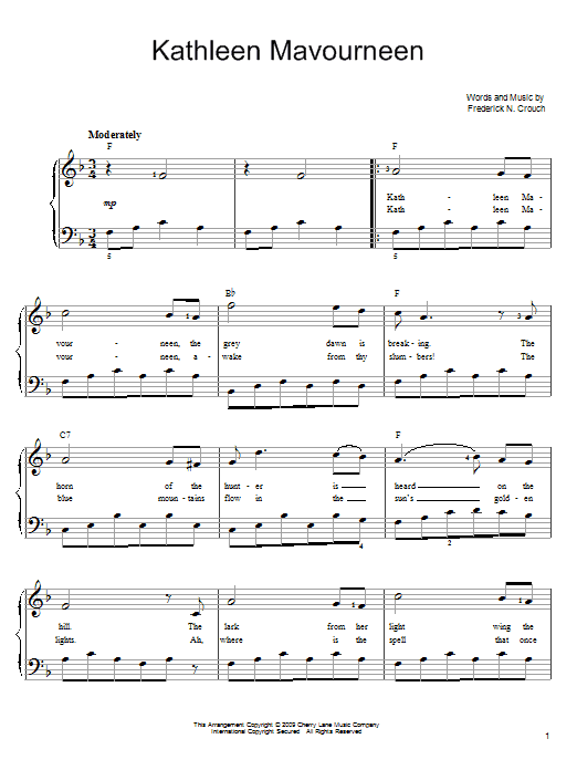 Learn to play Frederick N. Crouch Kathleen Mavoureen sheet music for Easy Piano in minutes. Frederick N. Crouch Kathleen Mavoureen sheet music preview music notes and score for Easy Piano including 3 page(s)
