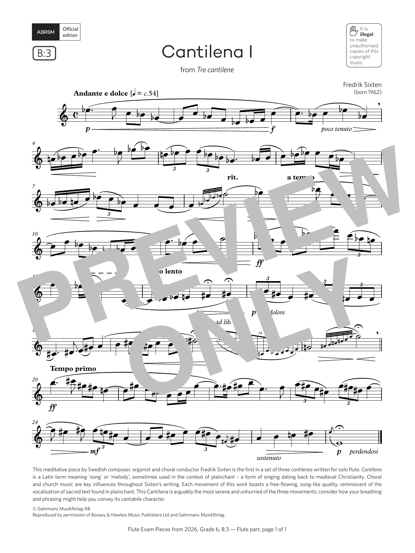 Fredrik Sixten Cantilena I (Grade 6, list B3, from the ABRSM Flute Syllabus from 2026) sheet music, chords, lyrics - Printable PDF for Flute Solo