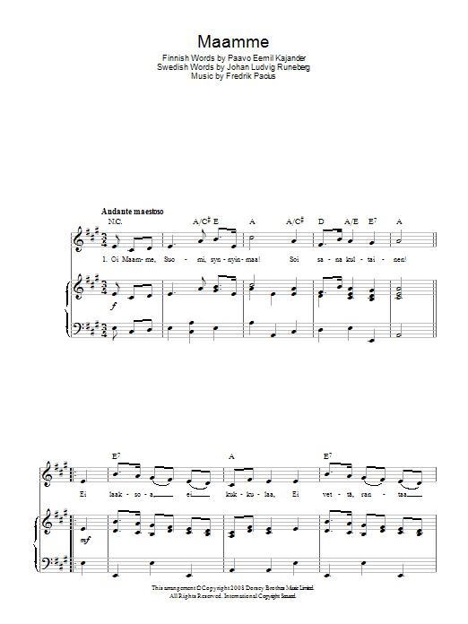 Learn to play Fredrik Pacius Maamme (Finnish National Anthem) sheet music for Piano, Vocal & Guitar (Right-Hand Melody) in minutes. Fredrik Pacius Maamme (Finnish National Anthem) sheet music preview music notes and score for Piano, Vocal & Guitar (Right-Hand Melody) including 2 page(s)
