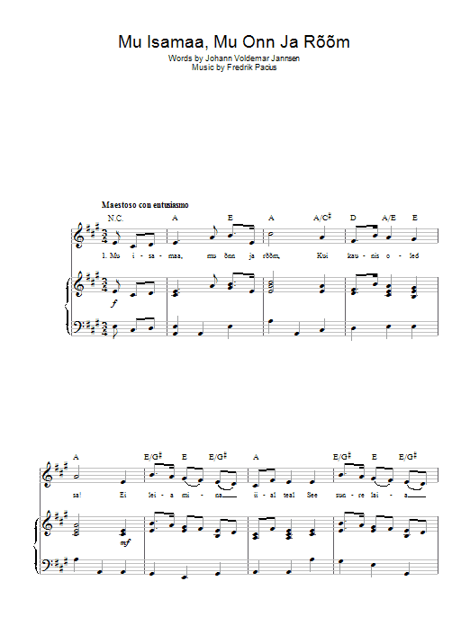 Learn to play Fredrik Pacius Mu Isamaa, Mu Onn Ja Room (Estonian National Anthem) sheet music for Piano, Vocal & Guitar (Right-Hand Melody) in minutes. Fredrik Pacius Mu Isamaa, Mu Onn Ja Room (Estonian National Anthem) sheet music preview music notes and score for Piano, Vocal & Guitar (Right-Hand Melody) including 2 page(s)