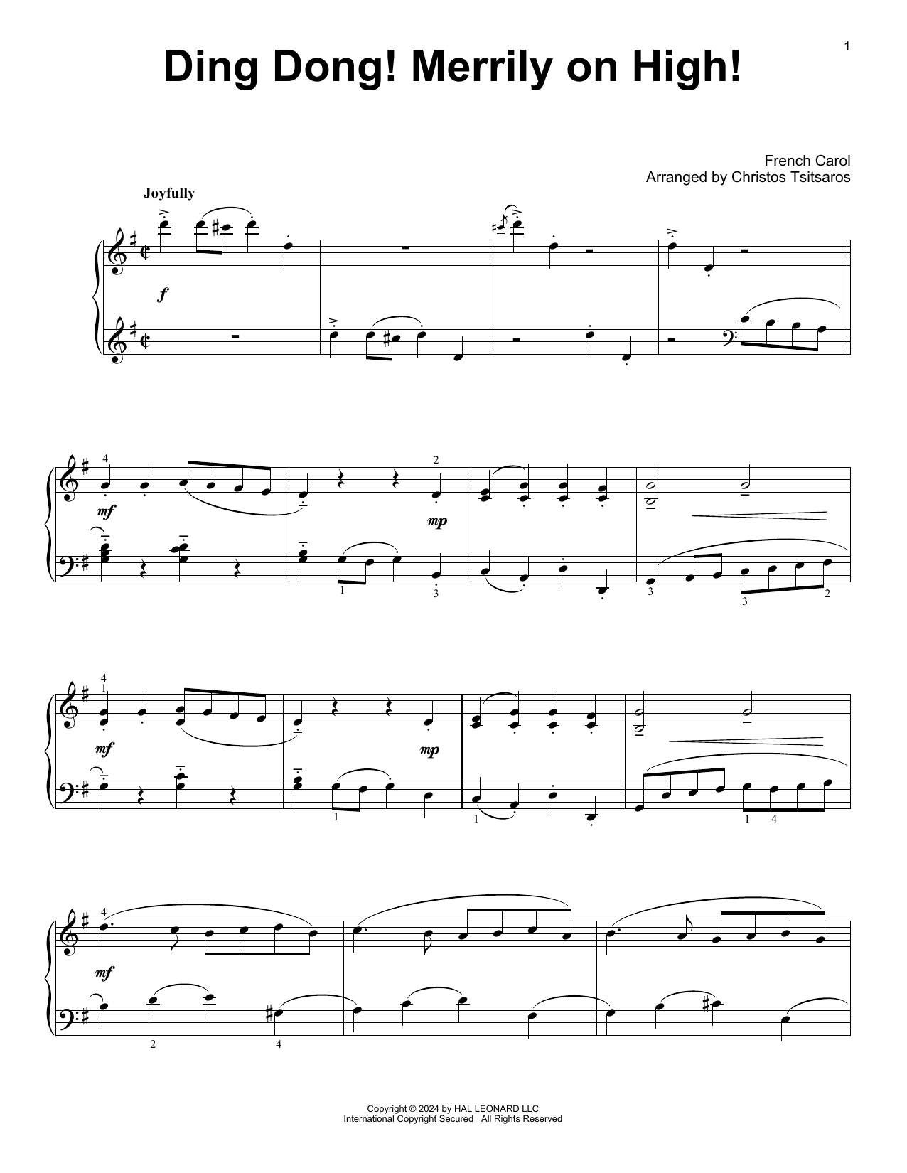 French Carol Ding Dong! Merrily On High! (arr. Christos Tsitsaros) sheet music, chords, lyrics - Printable PDF for Easy Piano Solo