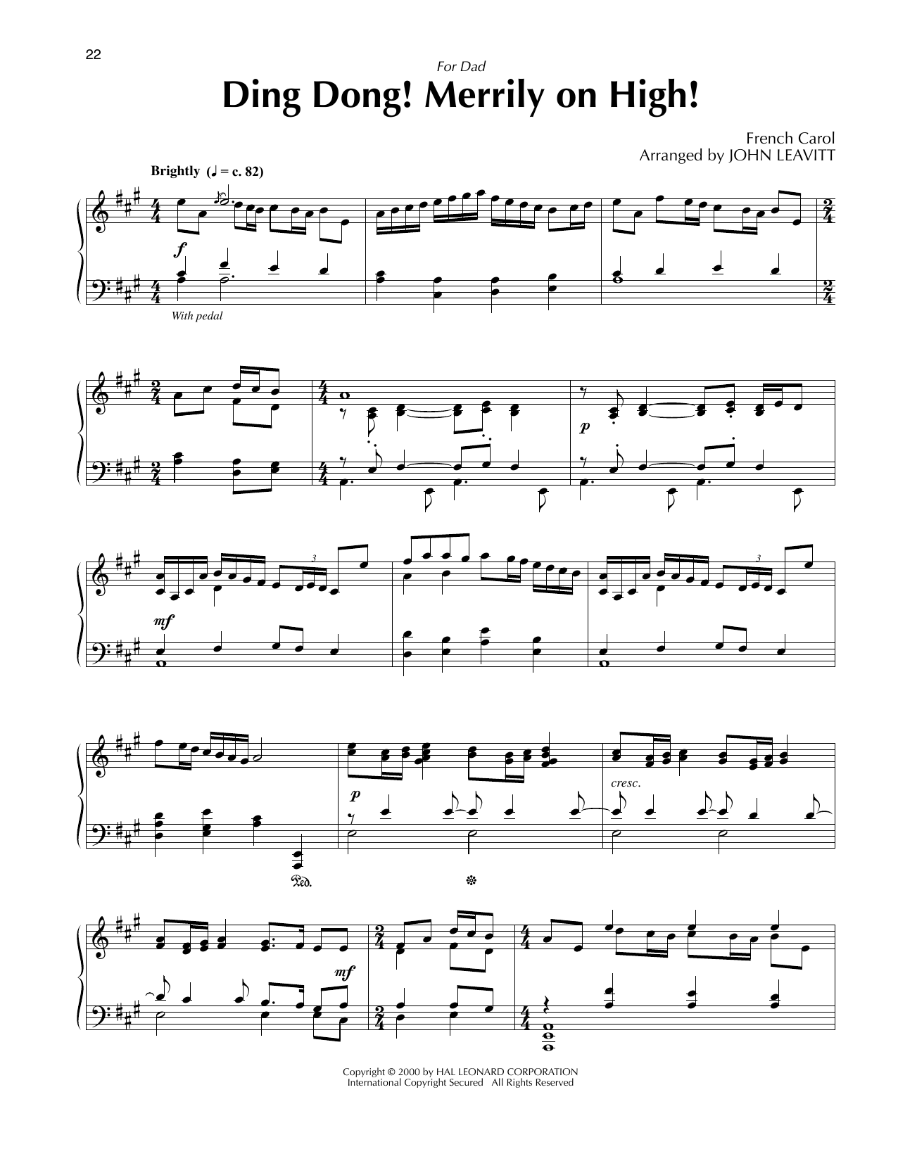 French Carol Ding Dong! Merrily On High! (arr. John Leavitt) sheet music, chords, lyrics - Printable PDF for Piano Solo