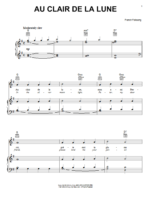 Learn to play French Folksong Au Clair De La Lune sheet music for Piano, Vocal & Guitar (Right-Hand Melody) in minutes. French Folksong Au Clair De La Lune sheet music preview music notes and score for Piano, Vocal & Guitar (Right-Hand Melody) including 2 page(s)