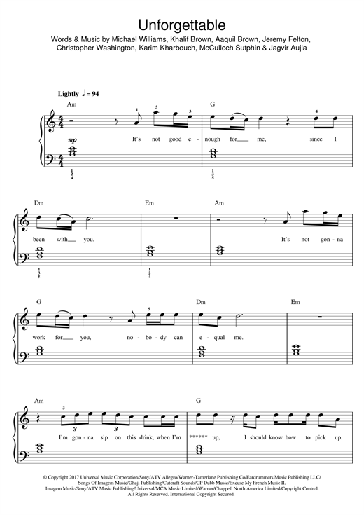 French Montana Unforgettable (feat. Swae Lee) sheet music, chords, lyrics - Printable PDF for Beginner Piano
