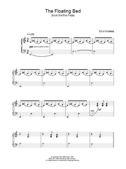 Learn to play Elliot Goldenthal The Floating Bed (from Frida) sheet music for Piano in minutes. Elliot Goldenthal The Floating Bed (from Frida) sheet music preview music notes and score for Piano including 4 page(s)