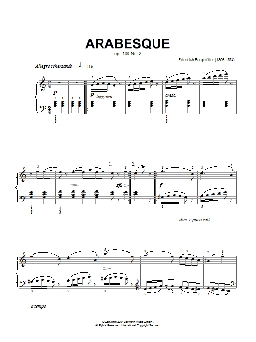 Friedrich Burgmüller Arabesque, Op.100, No.2 sheet music, chords, lyrics - Printable PDF for Piano