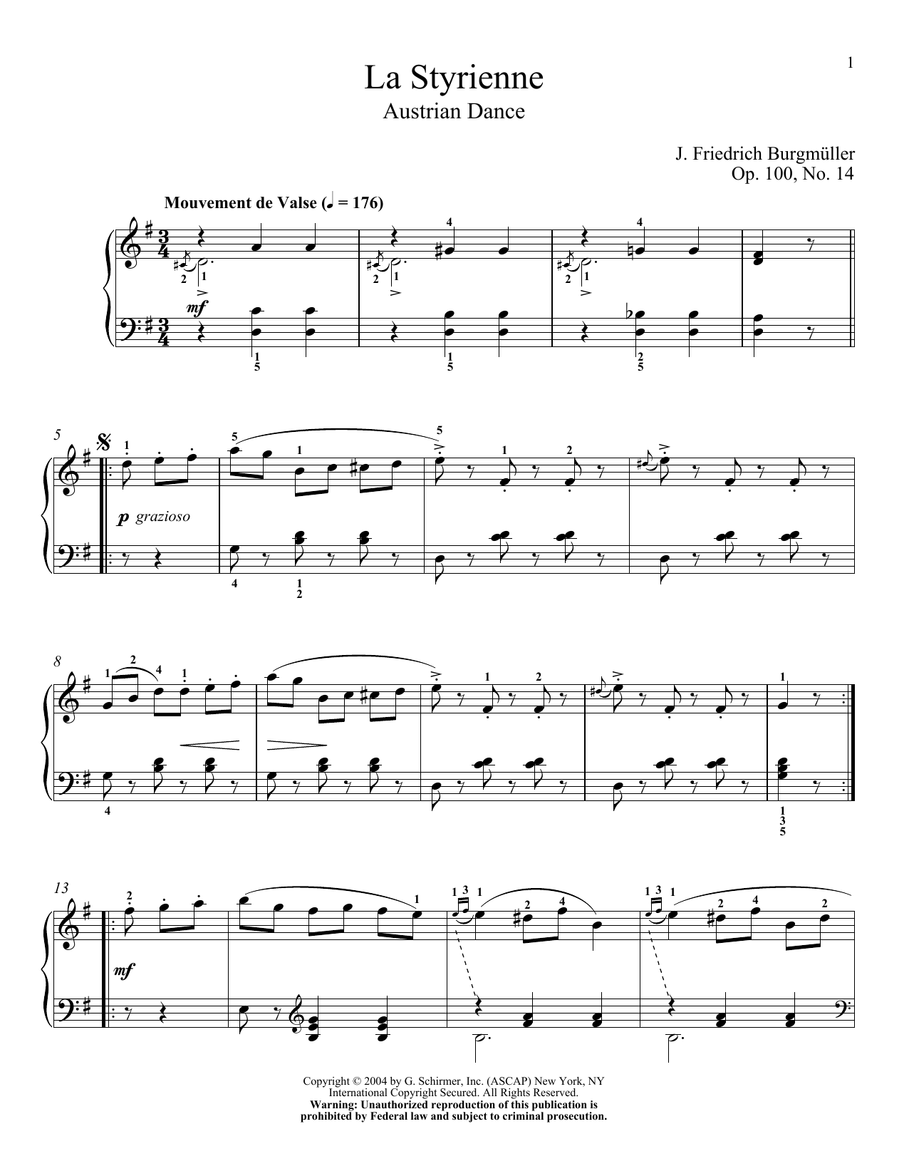 Friedrich Burgmuller La Styrienne, Op. 100, No. 14 sheet music, chords, lyrics - Printable PDF for Piano