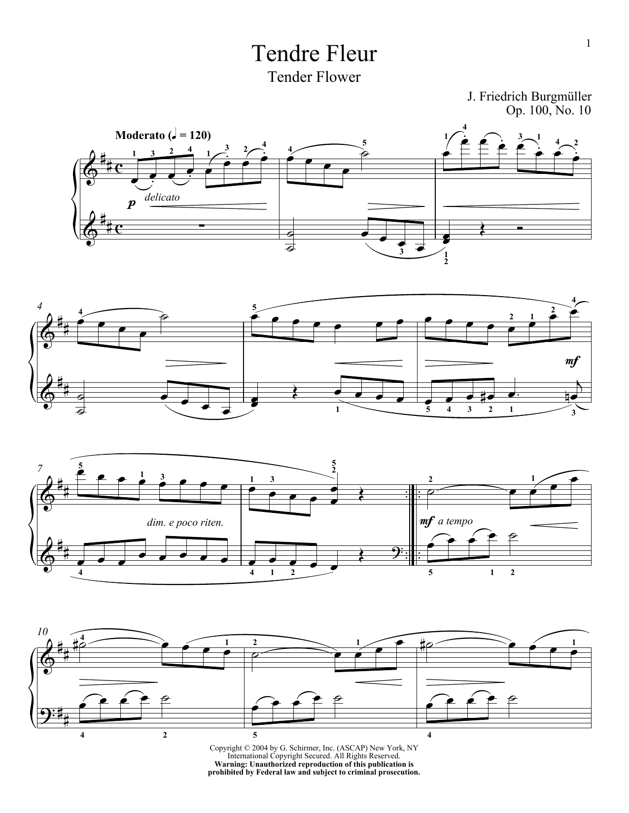 Friedrich Burgmuller Tender Blossom (Tender Fleur), Op. 100, No. 10 sheet music, chords, lyrics - Printable PDF for Piano
