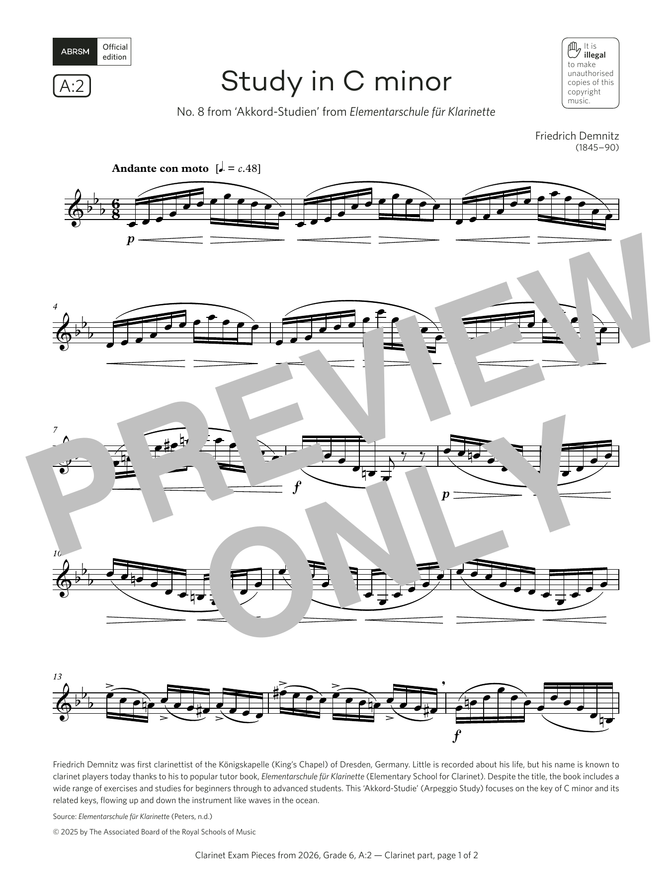 Friedrich Demnitz Study in C minor (Grade 6, list A2, from the ABRSM Clarinet Syllabus from 2026) sheet music, chords, lyrics - Printable PDF for Clarinet Solo