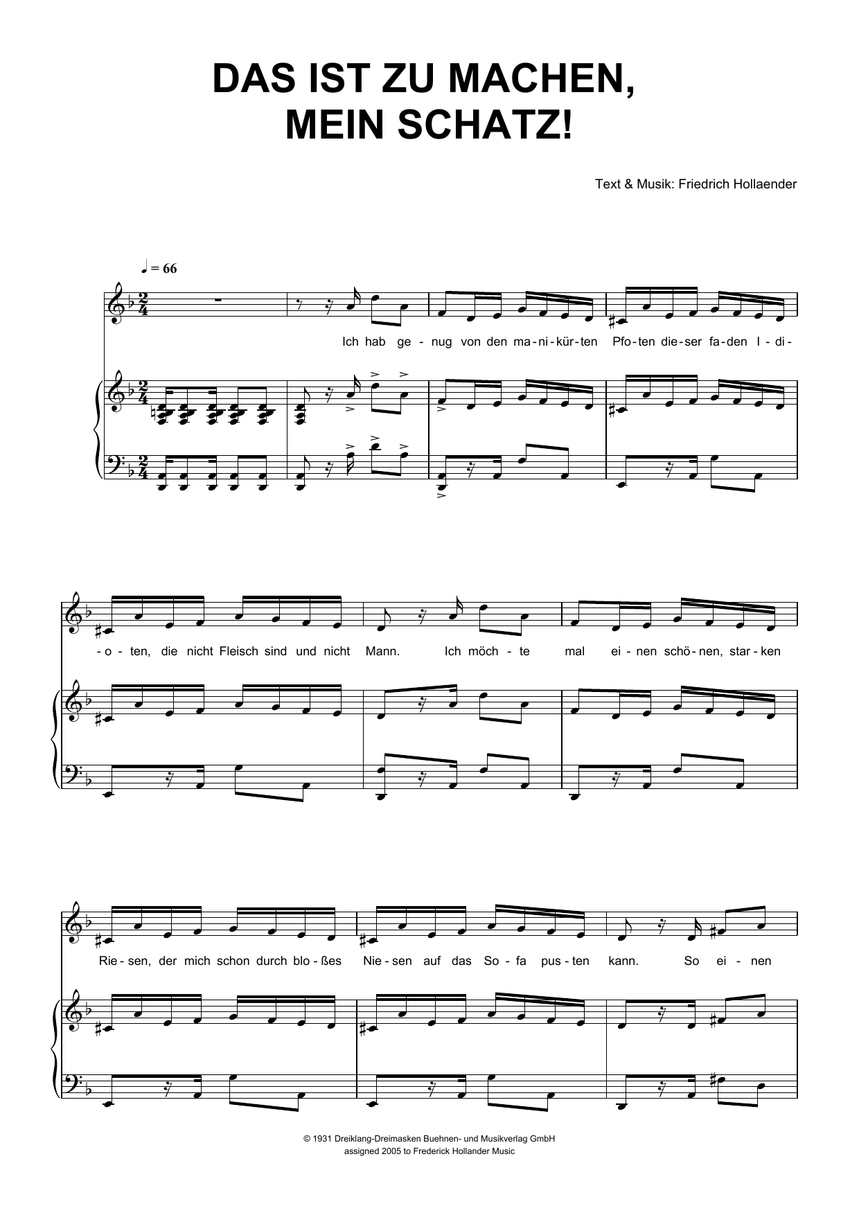 Friedrich Hollaender Das Ist Zu Machen, Mein Schatz! sheet music, chords, lyrics - Printable PDF for Piano & Vocal