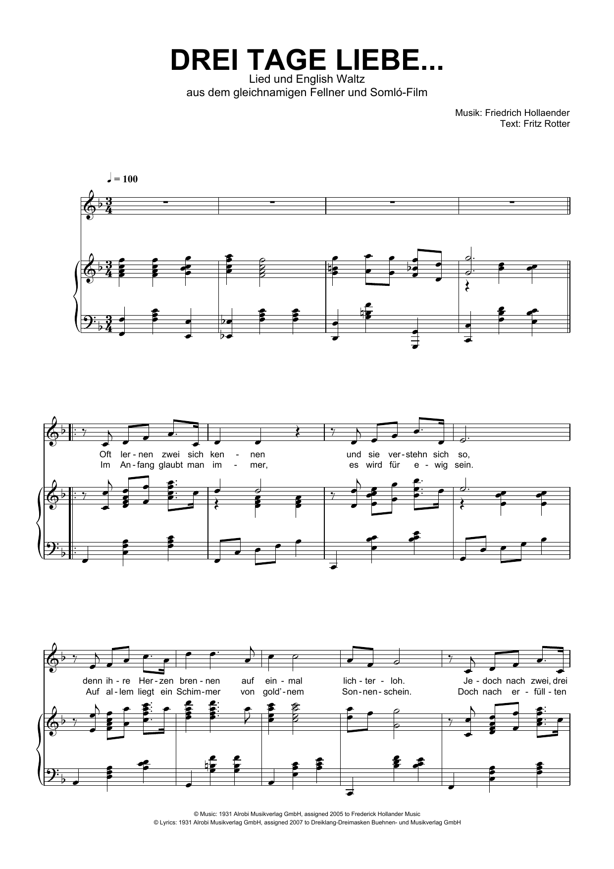 Friedrich Hollaender Drei Tage Liebe sheet music, chords, lyrics - Printable PDF for Piano & Vocal