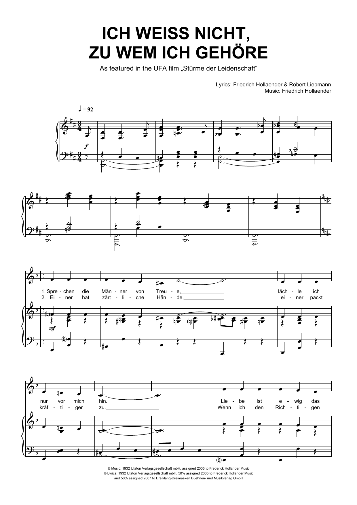 Friedrich Hollaender Ich Weiss Nicht, Zu Wem Ich Gehöre sheet music, chords, lyrics - Printable PDF for Piano & Vocal