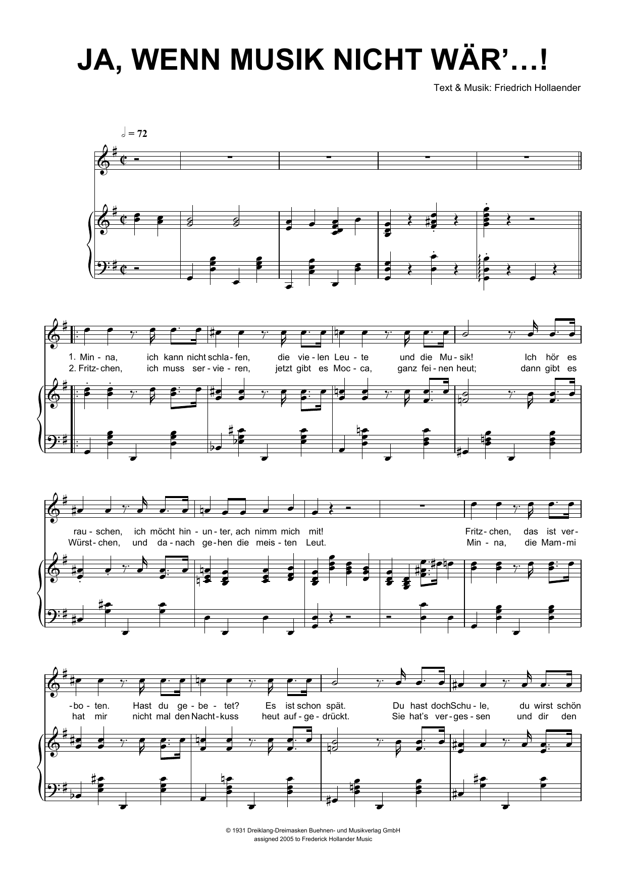 Friedrich Hollaender Ja, Wenn Die Musik Nicht Wär'...! sheet music, chords, lyrics - Printable PDF for Piano & Vocal