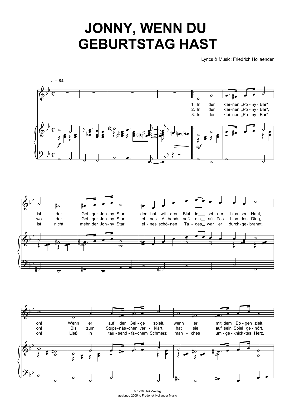 Friedrich Hollaender Jonny, Wenn Du Geburtstag Hast sheet music, chords, lyrics - Printable PDF for Piano & Vocal