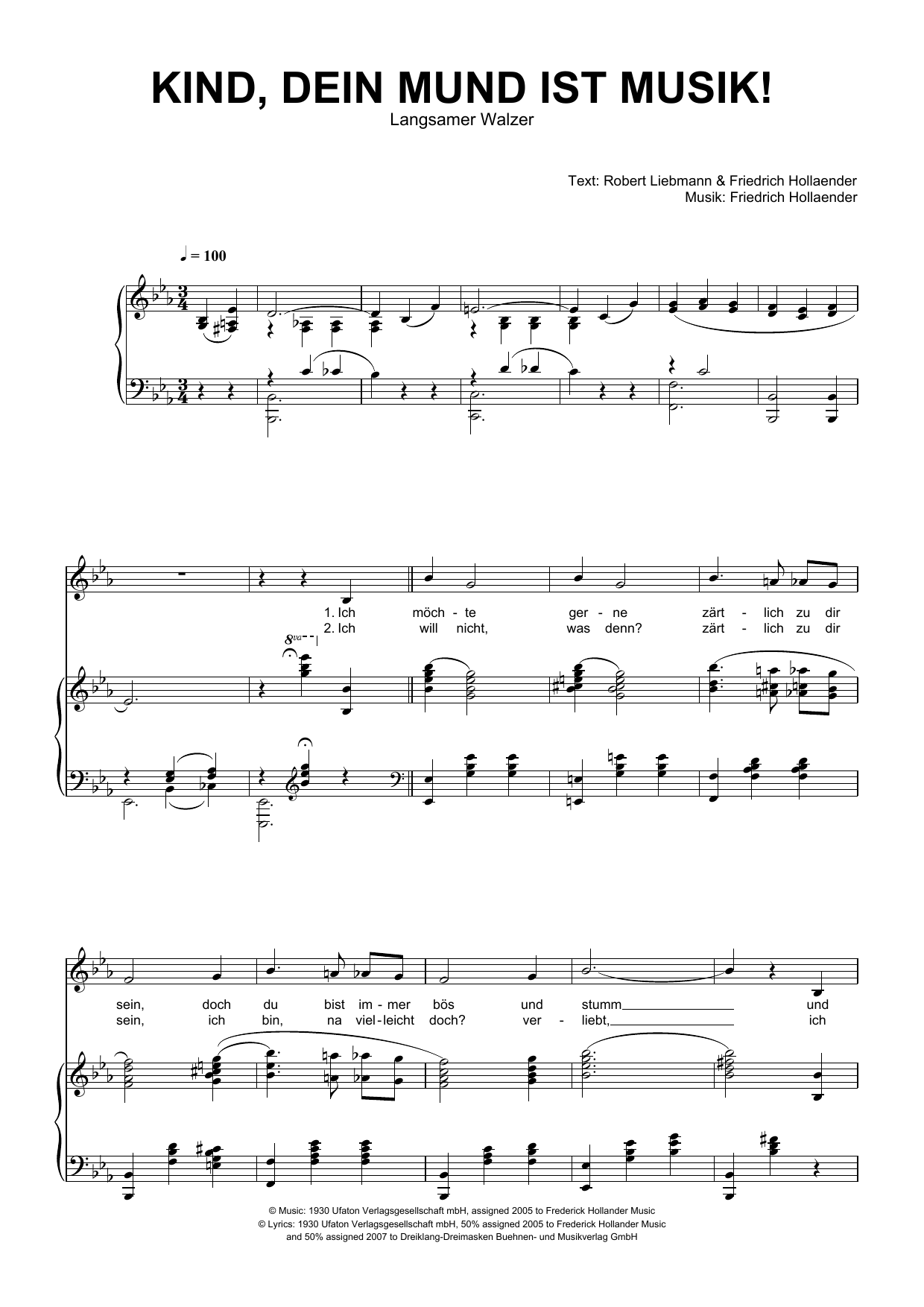 Friedrich Hollaender Kind, Dein Mund Ist Musik! sheet music, chords, lyrics - Printable PDF for Piano & Vocal