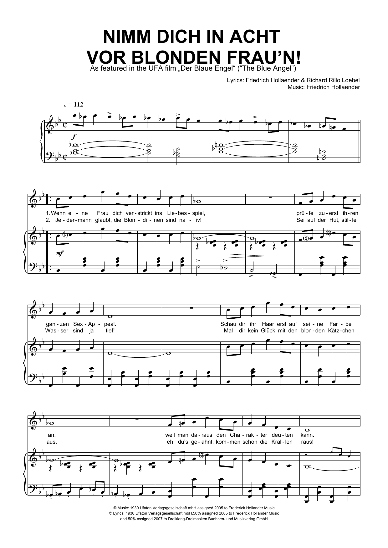 Friedrich Hollaender Nimm Dich In Acht Vor Blonden Frau'n! sheet music, chords, lyrics - Printable PDF for Piano & Vocal