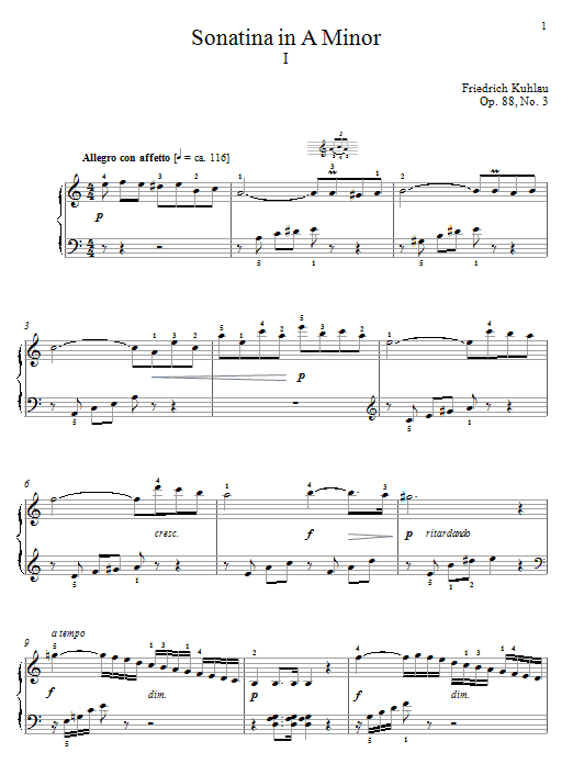 Friedrich Kuhlau Sonatina In A Minor, Op. 88, No. 3 sheet music, chords, lyrics - Printable PDF for Piano