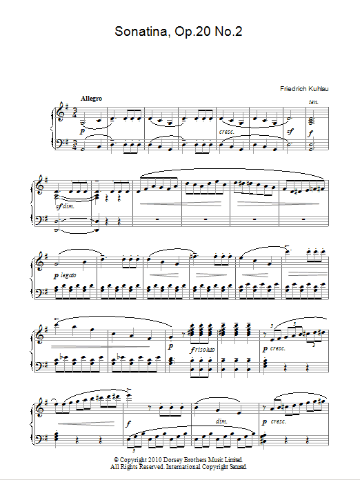 Friedrich Kuhlau Sonatina, Op.20, No.2 sheet music, chords, lyrics - Printable PDF for Piano