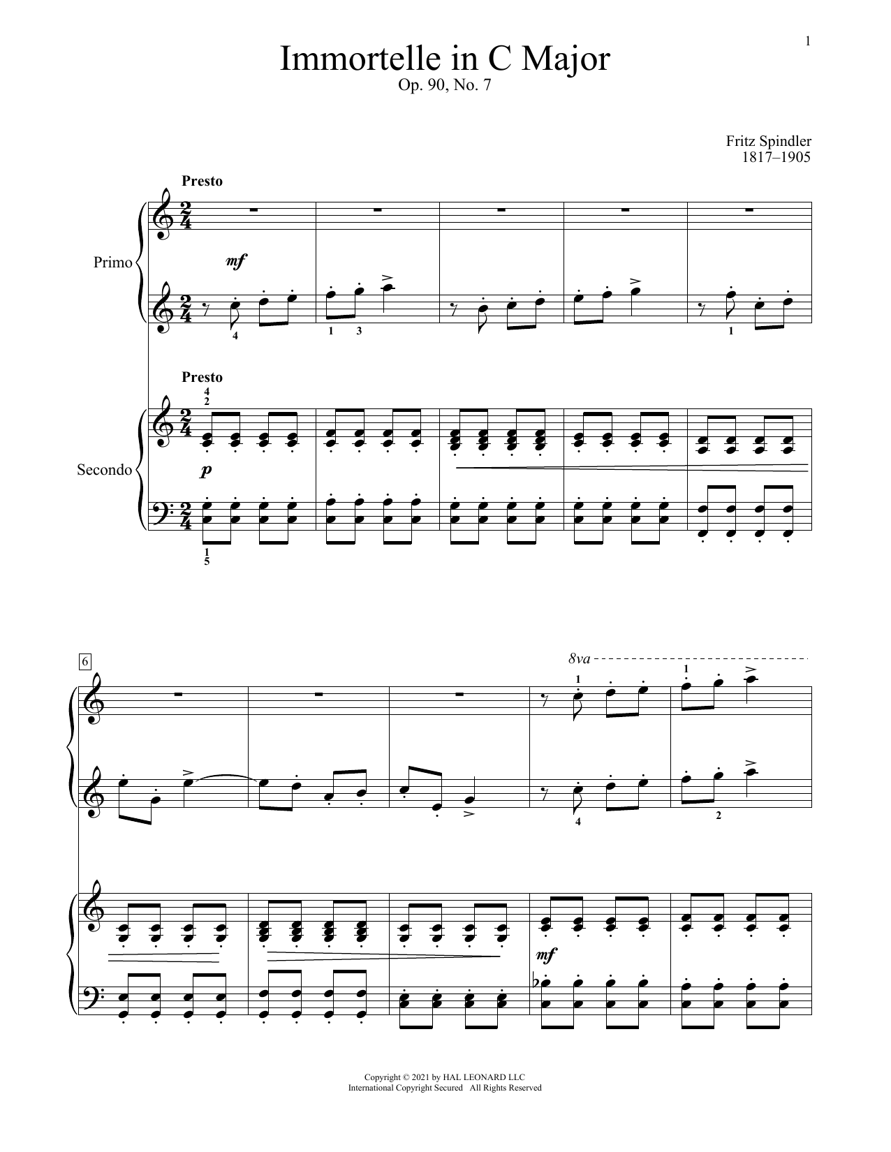 Fritz Spindler Immortelle, Op. 90, No. 7 sheet music, chords, lyrics - Printable PDF for Piano Duet
