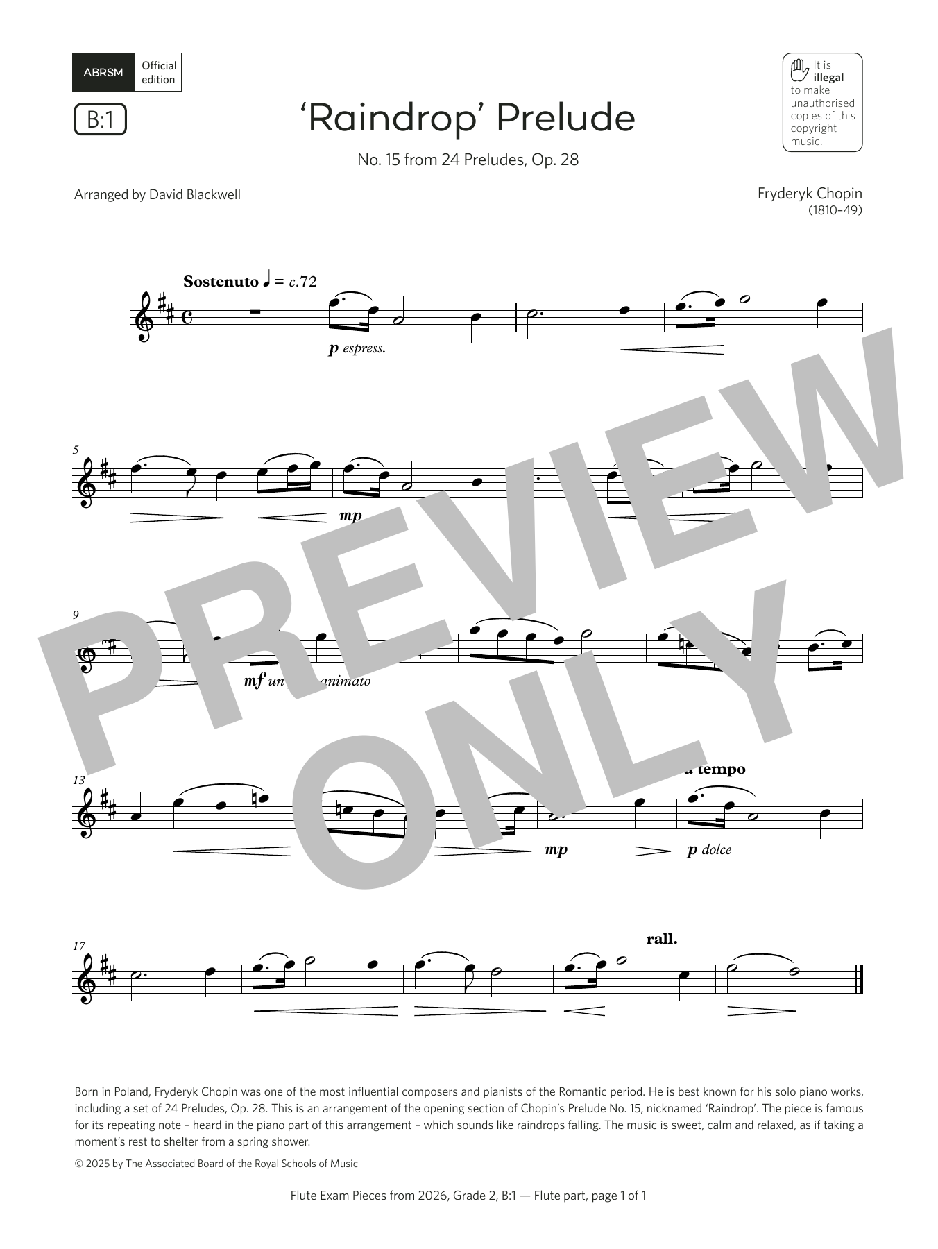 Fryderyk Chopin 'Raindrop' Prelude (Grade 2, list B1, from the ABRSM Flute Syllabus from 2026) sheet music, chords, lyrics - Printable PDF for Flute Solo