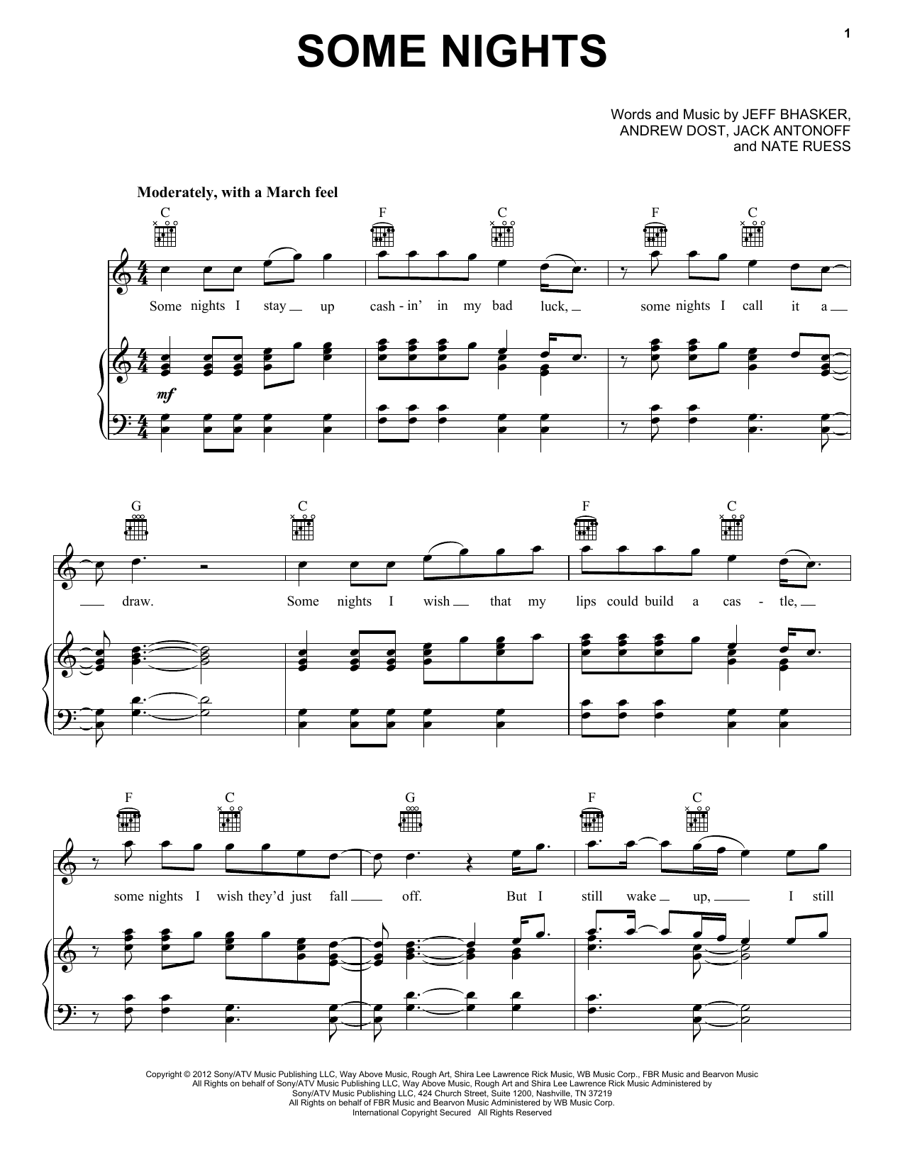 Learn to play fun. Some Nights sheet music for Piano, Vocal & Guitar (Right-Hand Melody) in minutes. fun. Some Nights sheet music preview music notes and score for Piano, Vocal & Guitar (Right-Hand Melody) including 10 page(s)