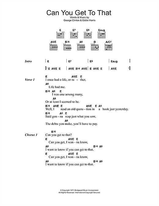 Funkadelic Can You Get To That sheet music, chords, lyrics - Printable PDF for Lyrics & Chords