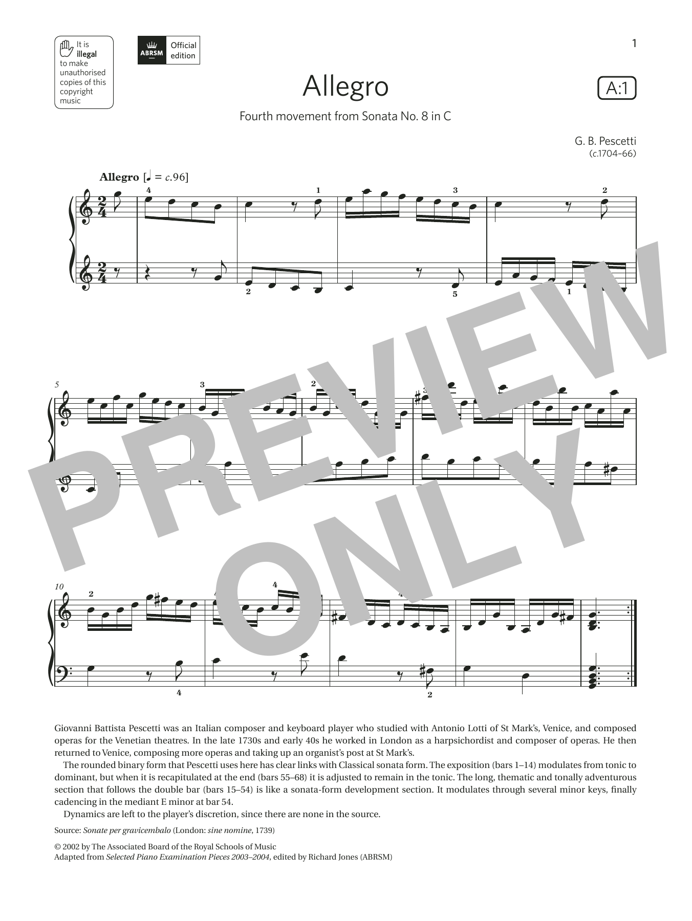G. B. Pescetti Allegro (Grade 6, list A1, from the ABRSM Piano Syllabus 2021 & 2022) sheet music, chords, lyrics - Printable PDF for Piano Solo