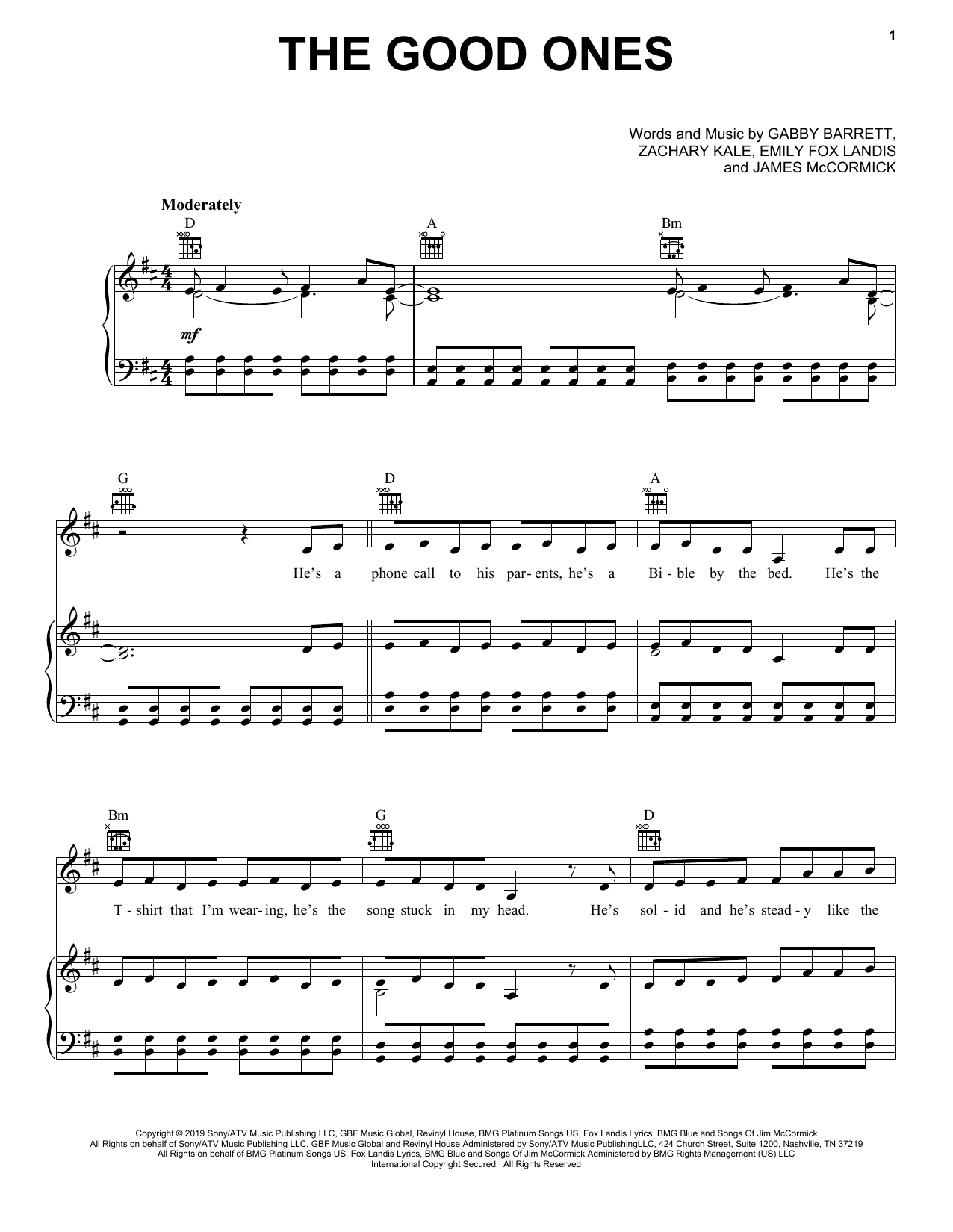 Learn to play Gabby Barrett The Good Ones sheet music for Piano, Vocal & Guitar (Right-Hand Melody) in minutes. Gabby Barrett The Good Ones sheet music preview music notes and score for Piano, Vocal & Guitar (Right-Hand Melody) including 7 page(s)