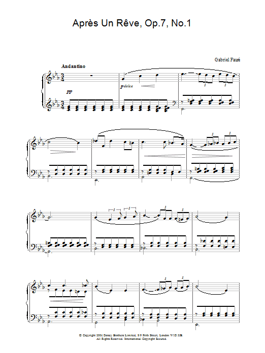 Gabriel Fauré Après Un Rêve, Op.7, No.1 sheet music, chords, lyrics - Printable PDF for Piano